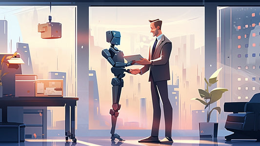 AI assistant robot handing a message to a CEO