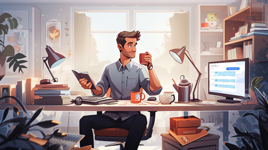Man multi-tasking at desk looking at his shared calendar